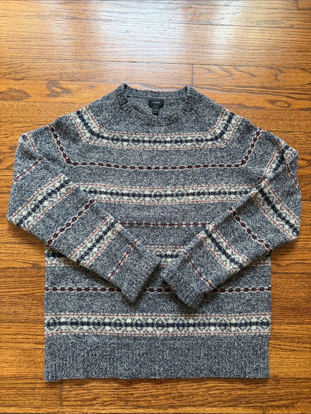 J.Crew 100% Lambswool Fair Isle Nordic Crewneck Sweater Charcoal Heather Grey M